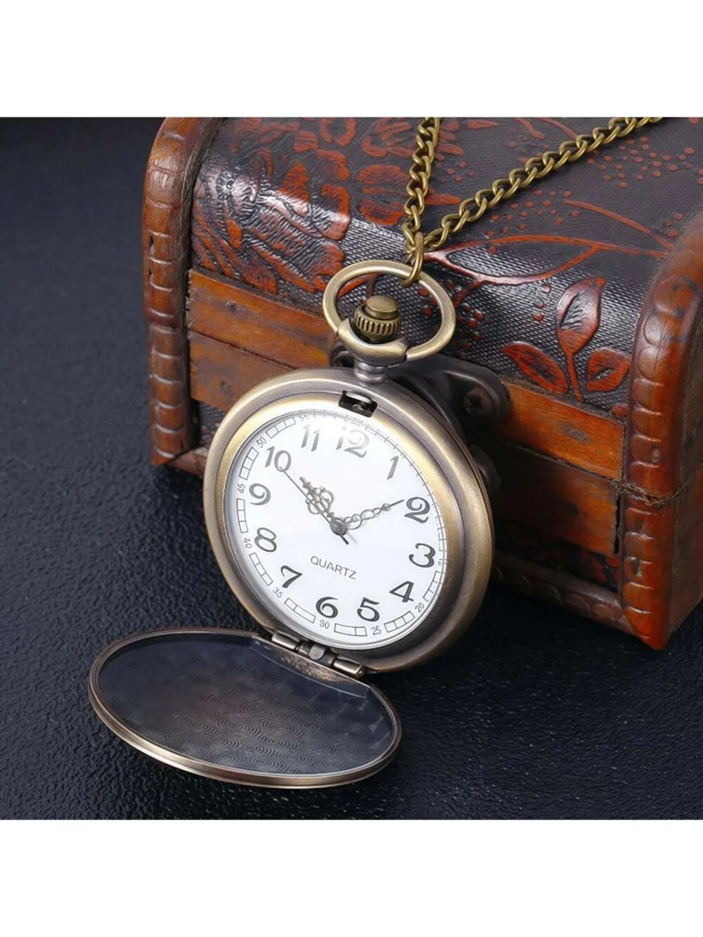 Men's Brown Engraved Cowboys Arabic Numerals Skull Bronze Chain Pocket Watch